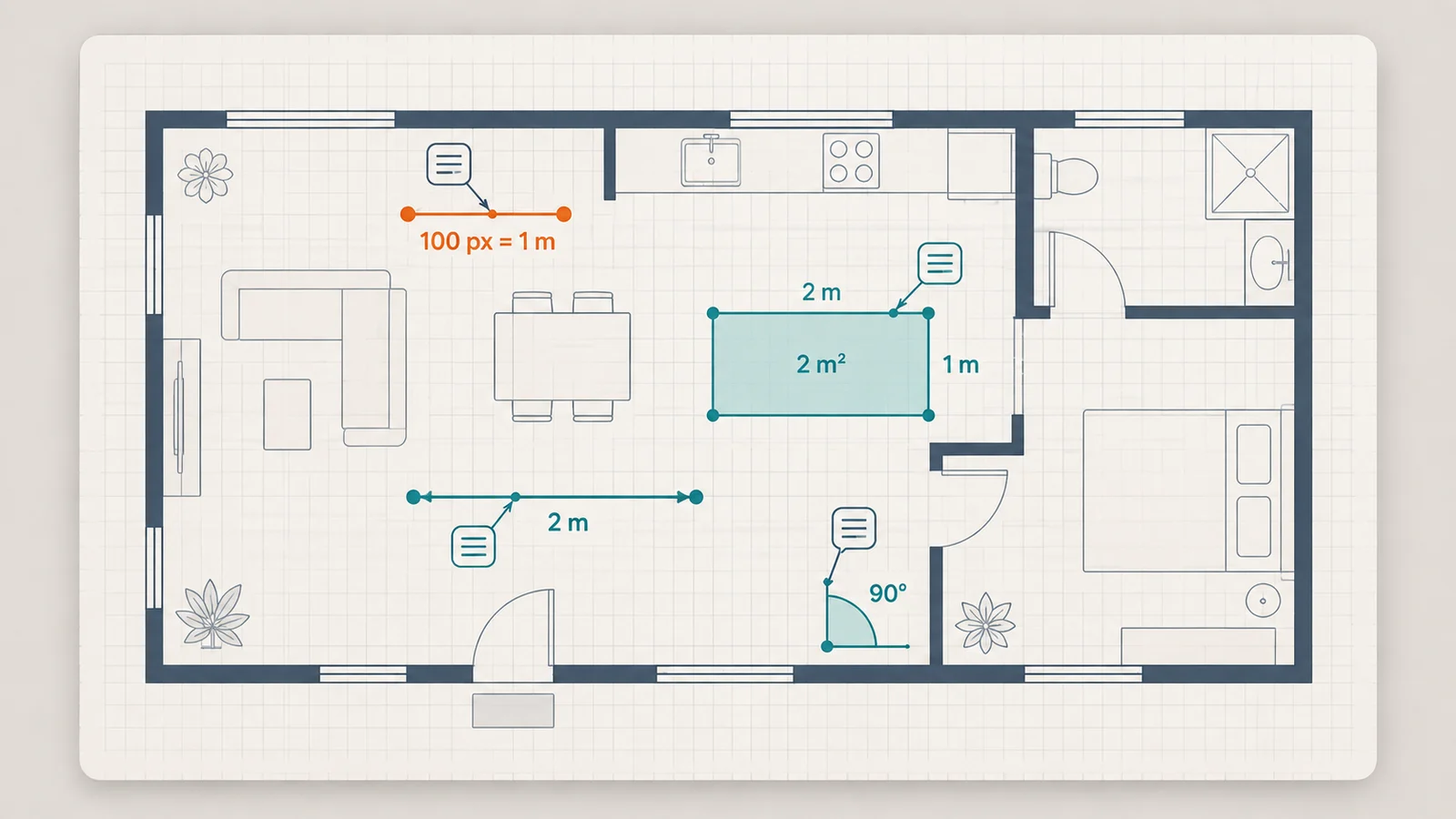 Illustrative flat floor plan with a reference line, distance label, rectangular area, and right angle