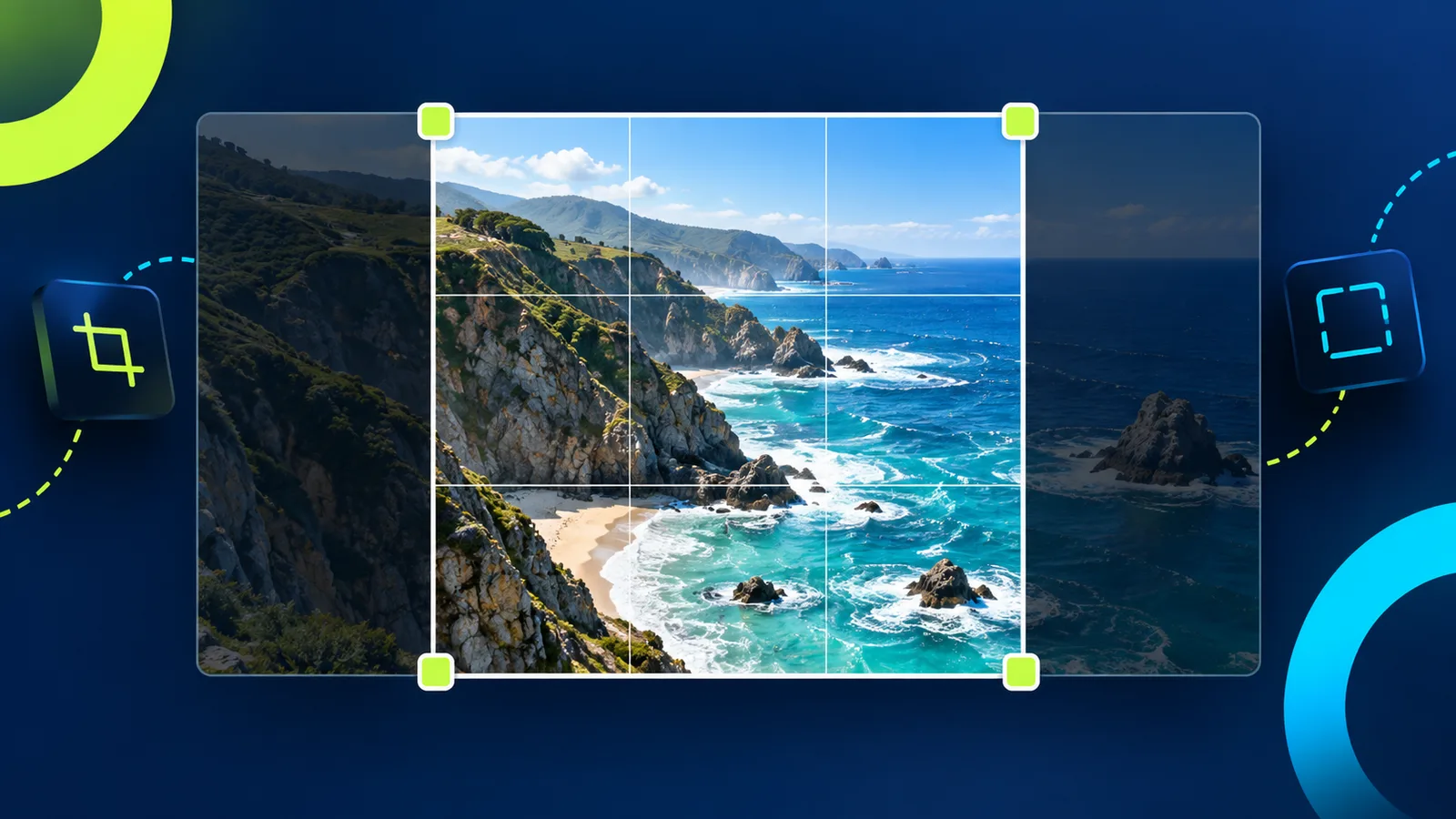 Adjustable square crop frame over a wide coastline photo