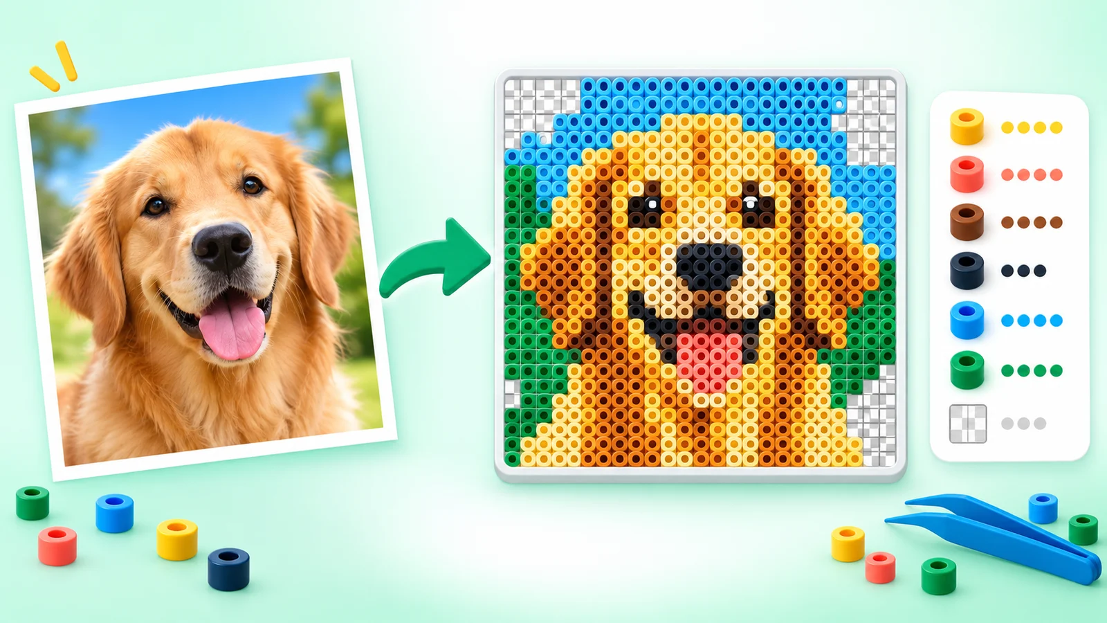 Illustration of a dog photo beside a detailed bead pattern and generic color key