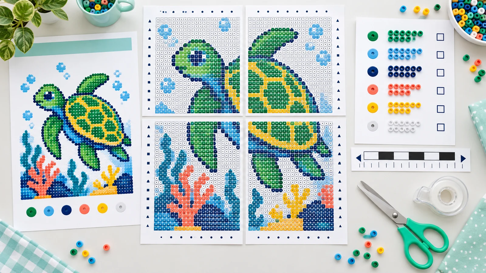 Illustration of a bead project pack with a color reference, tiled board pages, materials and calibration bar