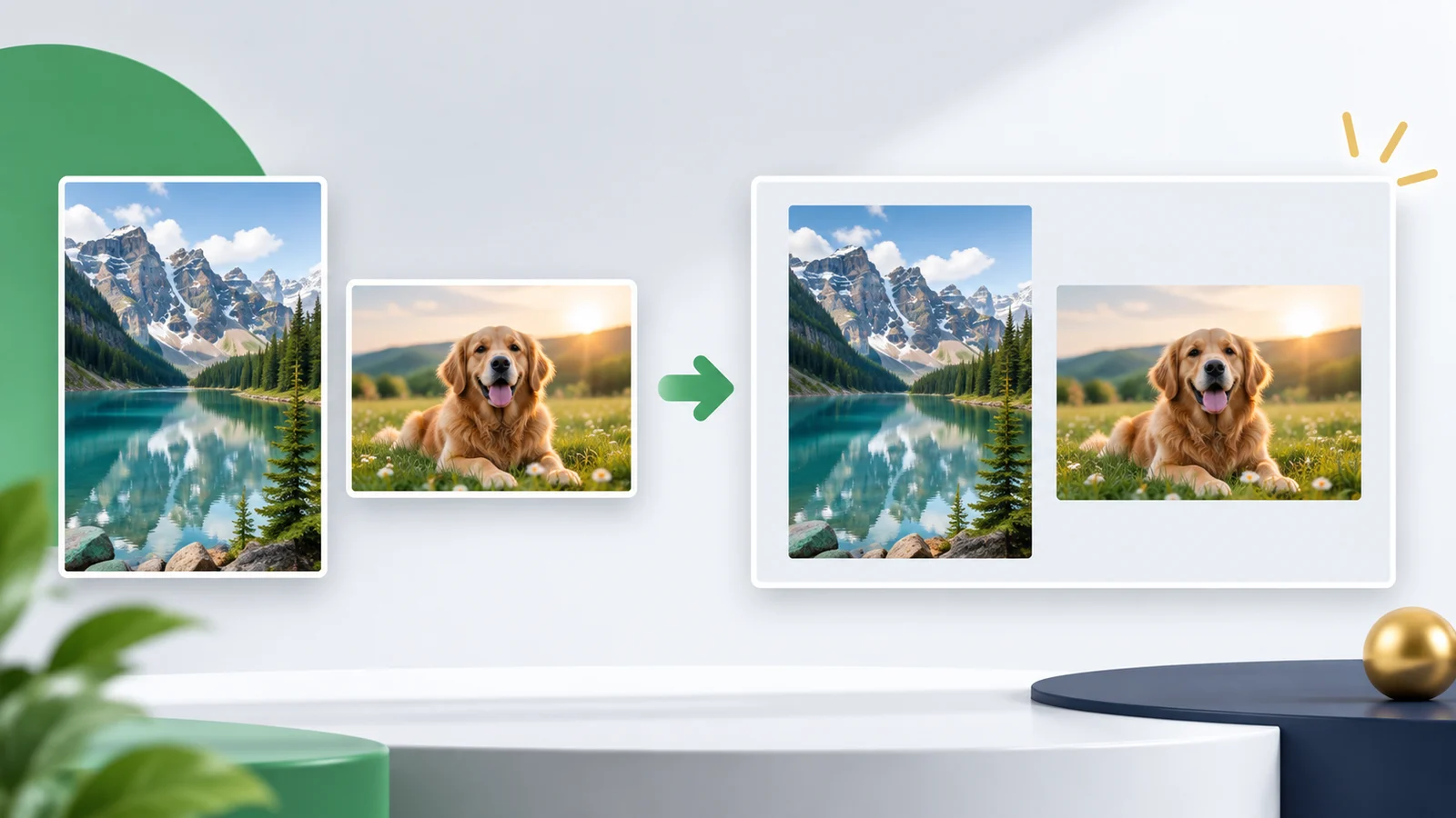 A portrait and landscape photo placed side by side on one canvas with even spacing