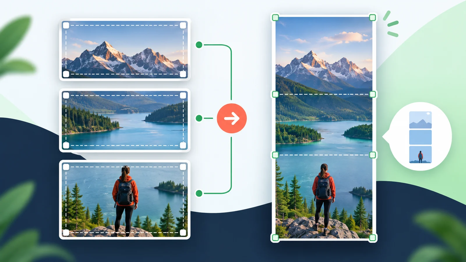 Three source screenshots being cropped and arranged into one vertical combined image