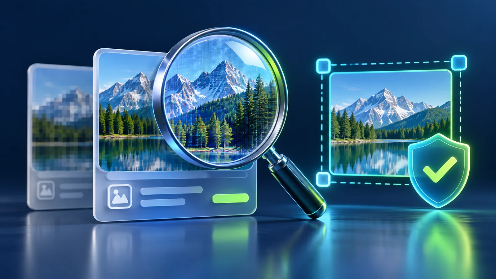 A magnifier inspecting image detail beside a protected minimum-dimension frame