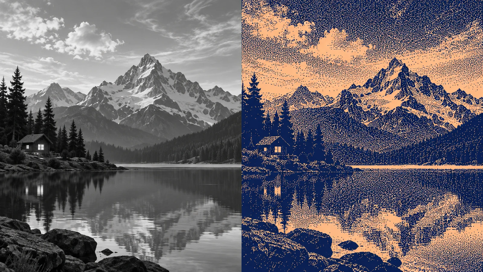 A mountain lake scene transitioning from grayscale into navy and peach error-diffusion dithering