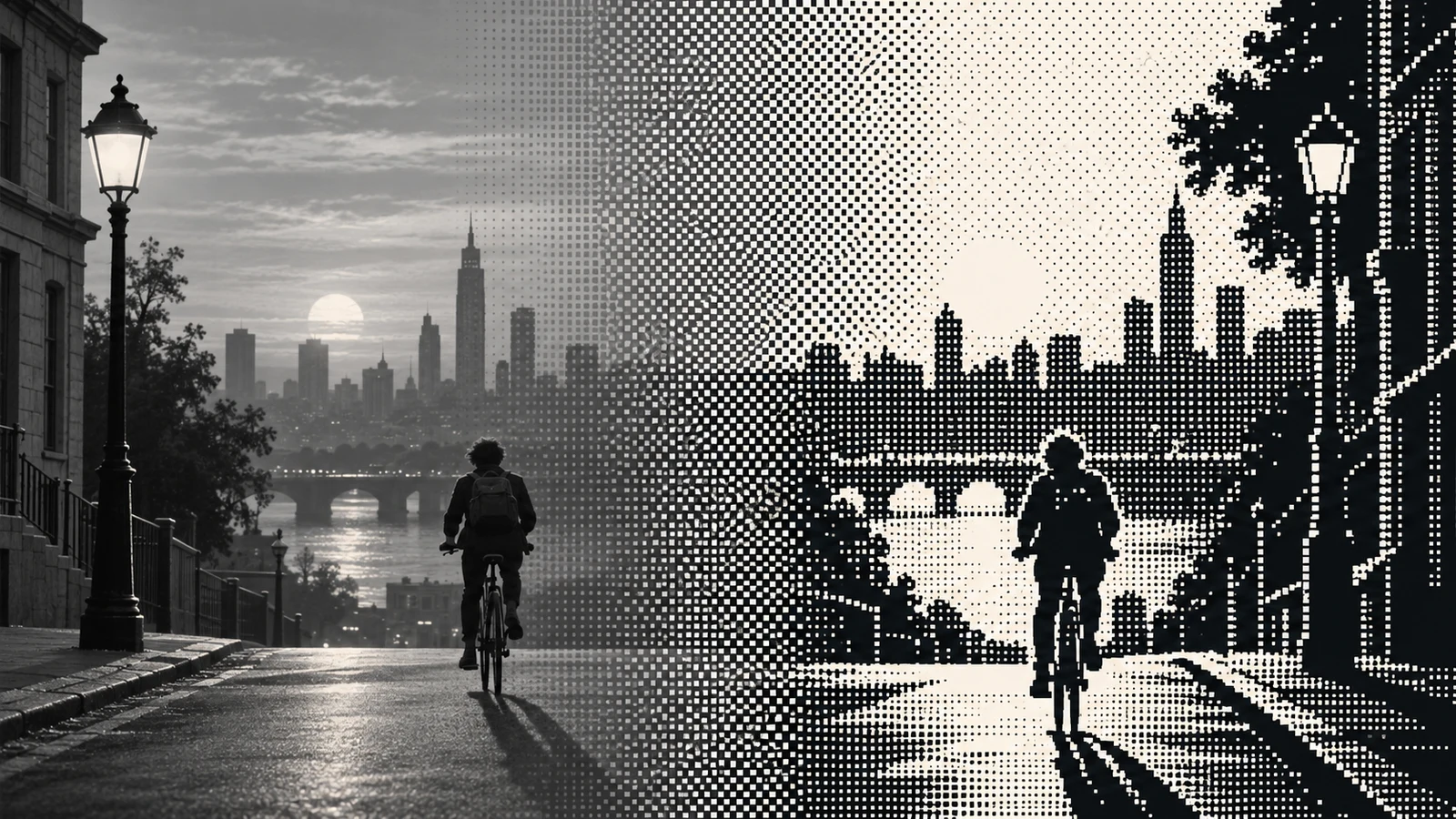 A cyclist and city scene transitioning from grayscale into a black and ivory ordered dither pattern