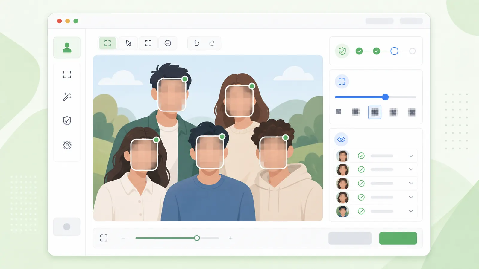 A photo editor with selected face regions blurred