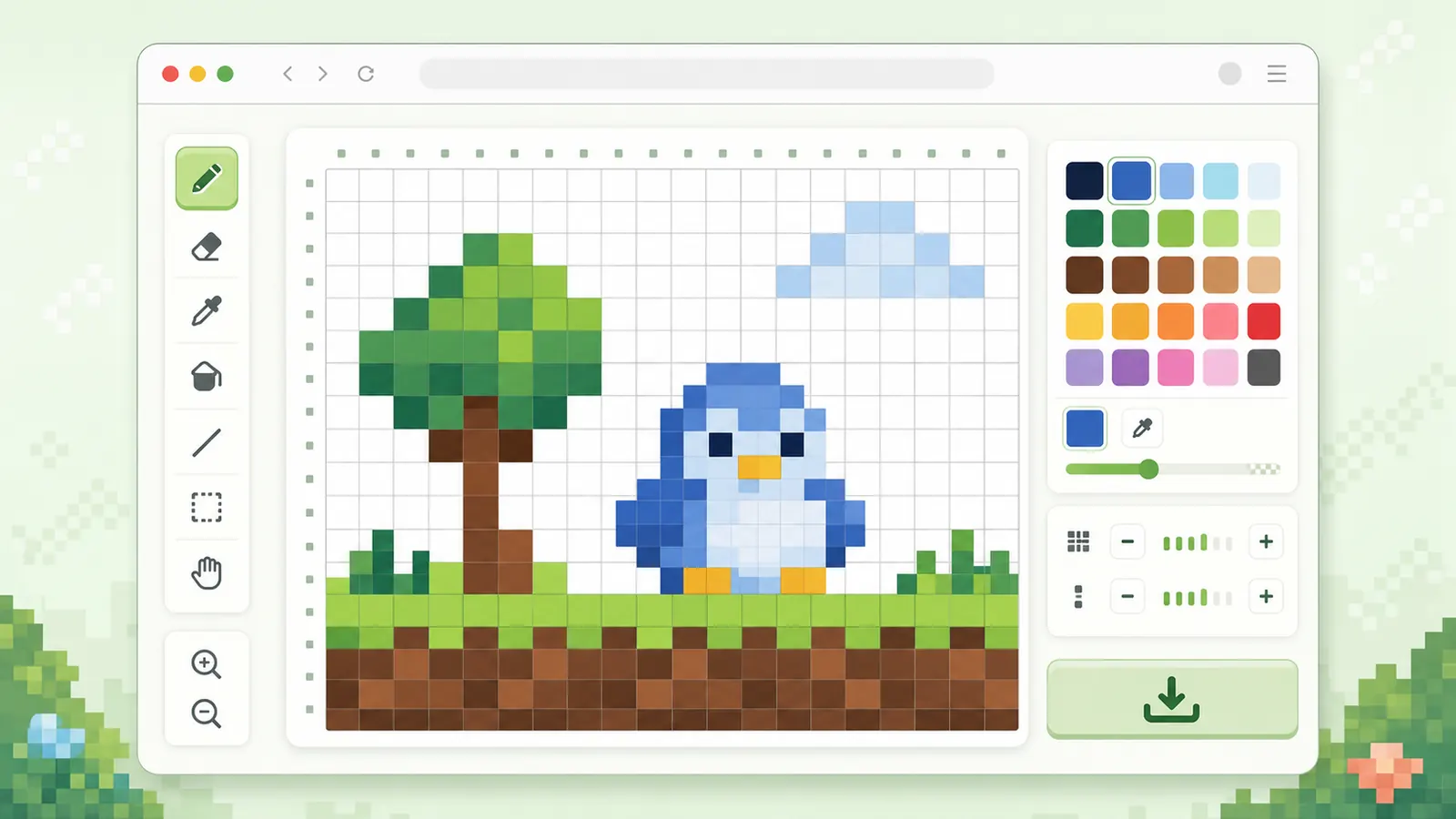 A pixel art grid maker with coordinate labels and painted cells