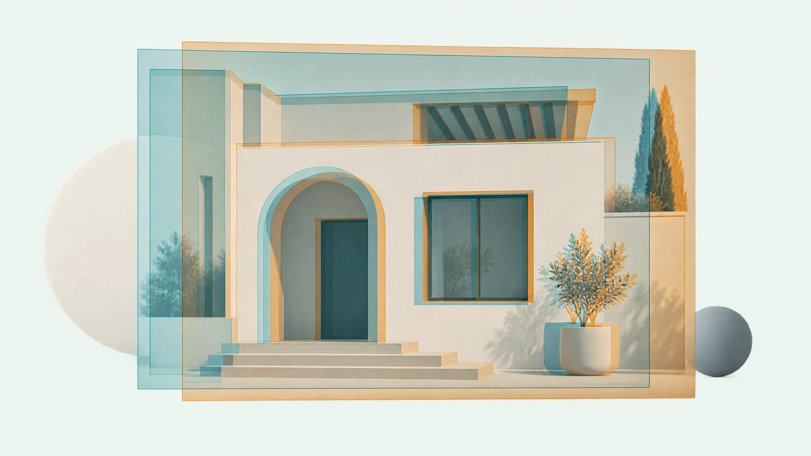 Two translucent architectural image layers revealing alignment changes