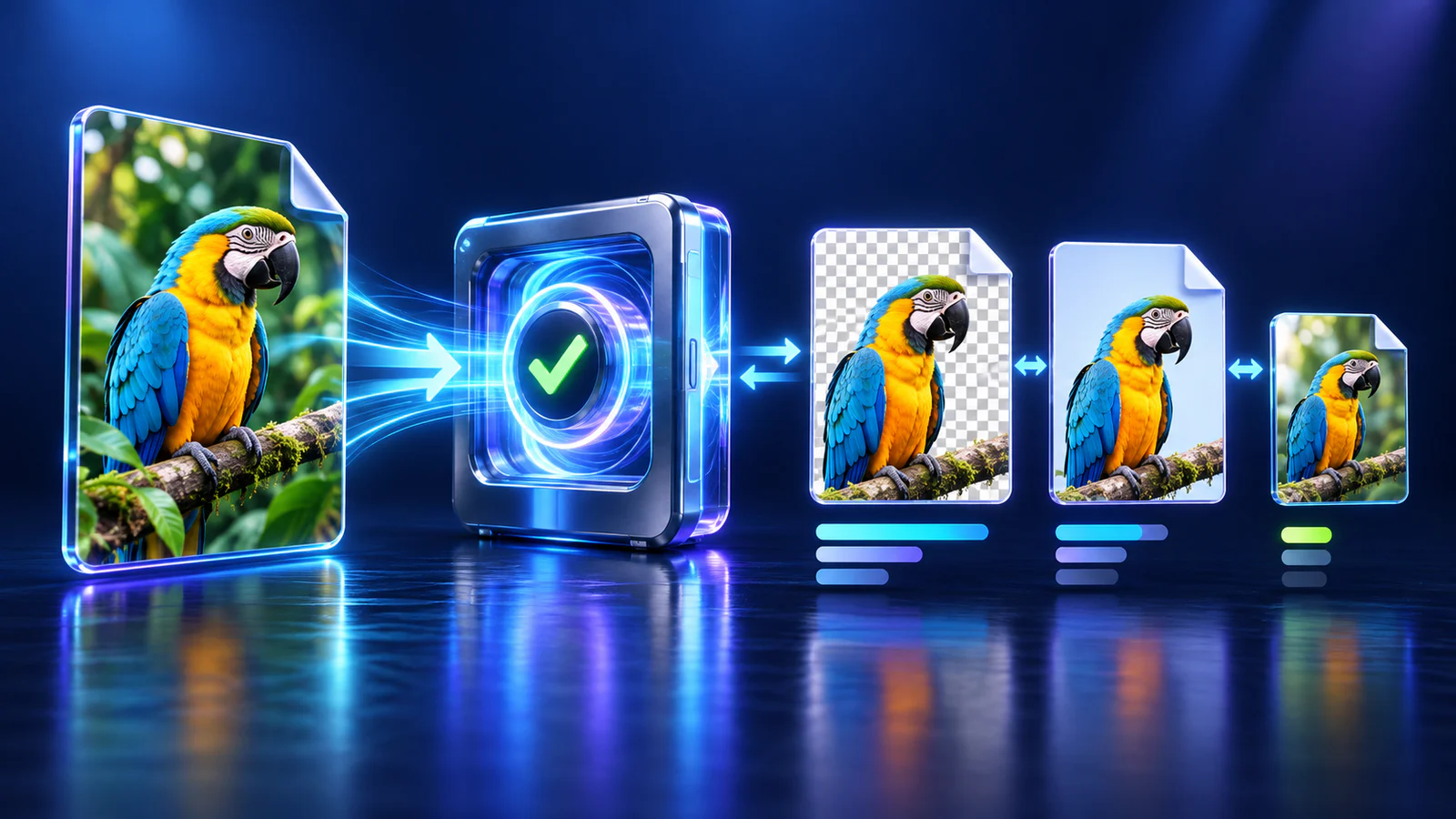A colorful bird image passing through a verified conversion gateway into opaque, transparent, and compact file cards