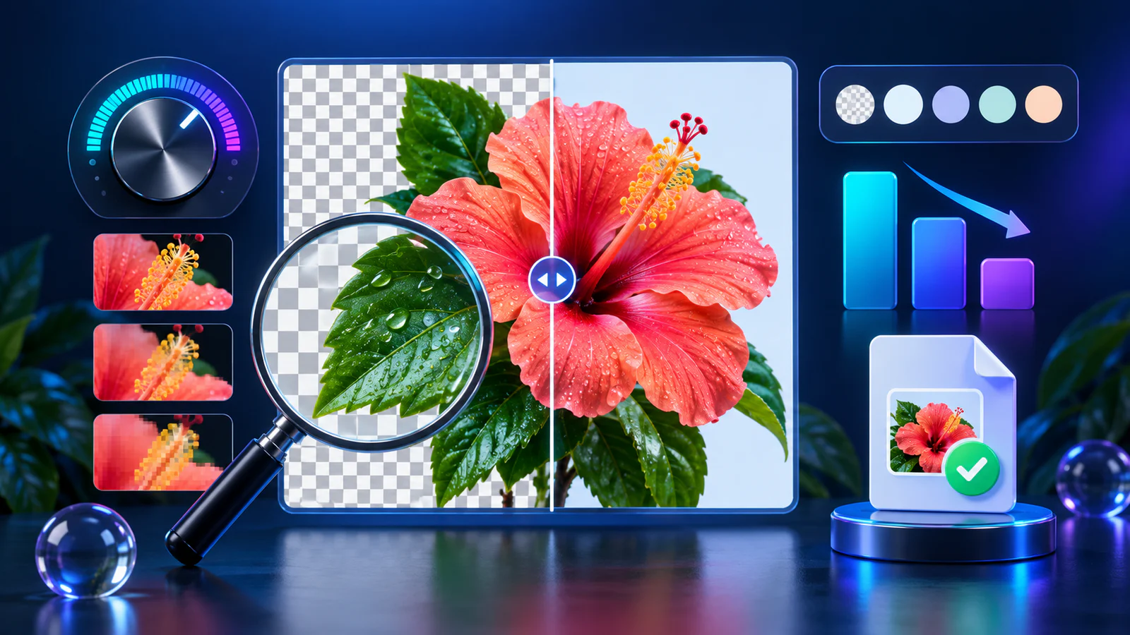 A magnifier comparing crisp transparent flower edges, background color, quality controls, and descending file-size bars