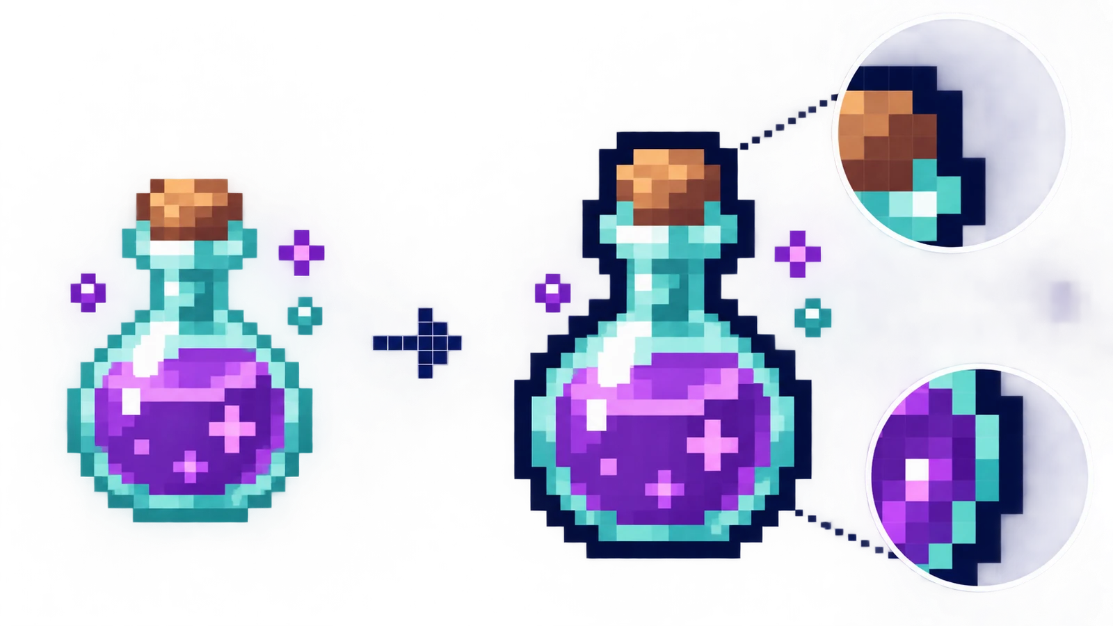 Pixel potion sprite before and after a crisp dark navy outer outline with enlarged corner details