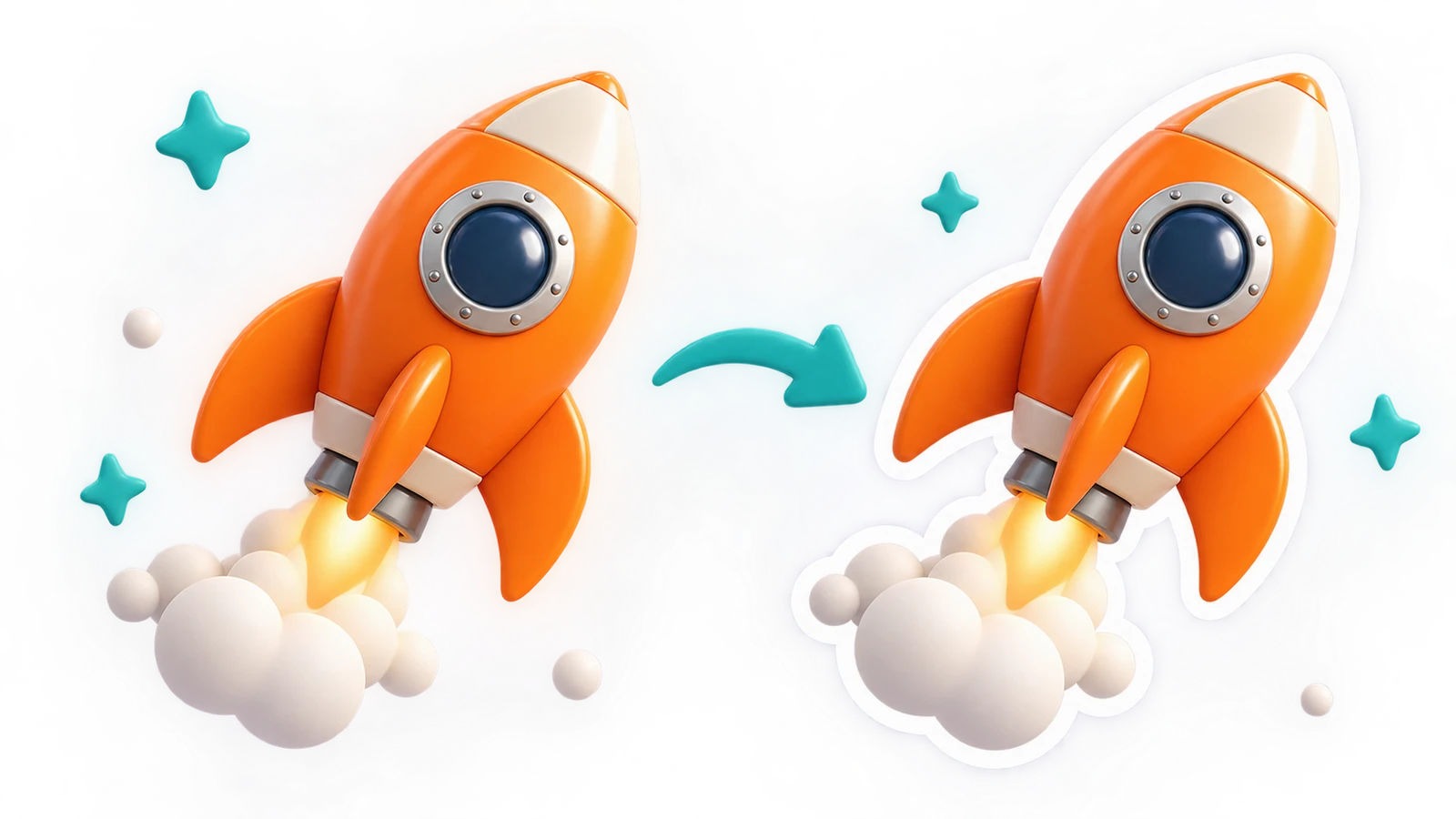 Orange rocket cutout before and after a smooth white silhouette outline