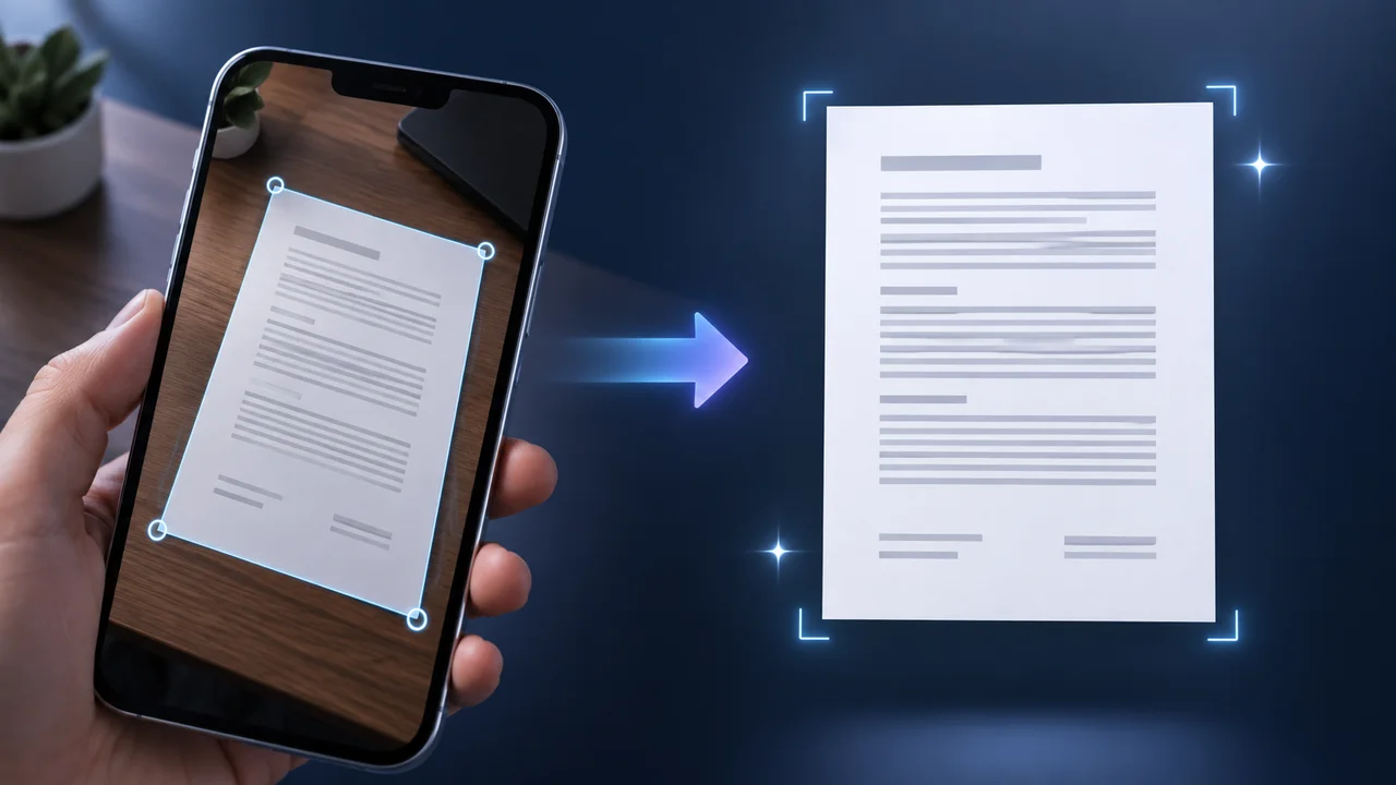 A photographed paper document changing from an angled view into a straight front-facing page