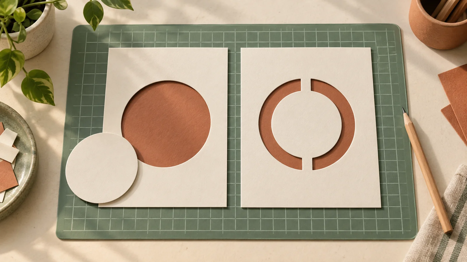Paper stencil illustration comparing a loose circular center with one attached by two bridges