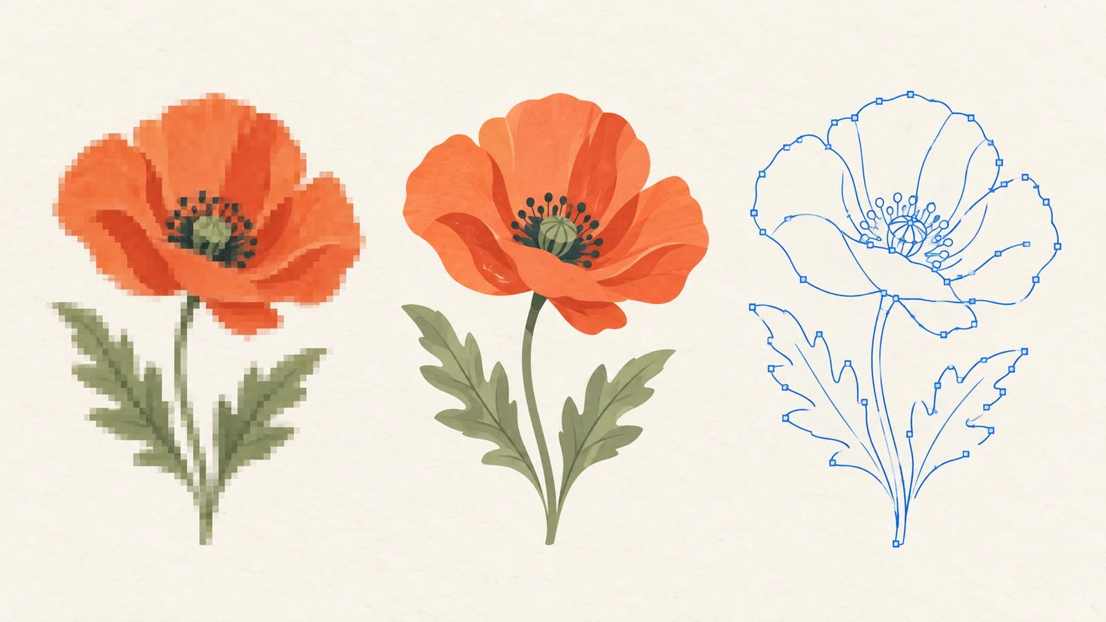 Illustration of a flower as raster pixels, simplified colors, and vector contours