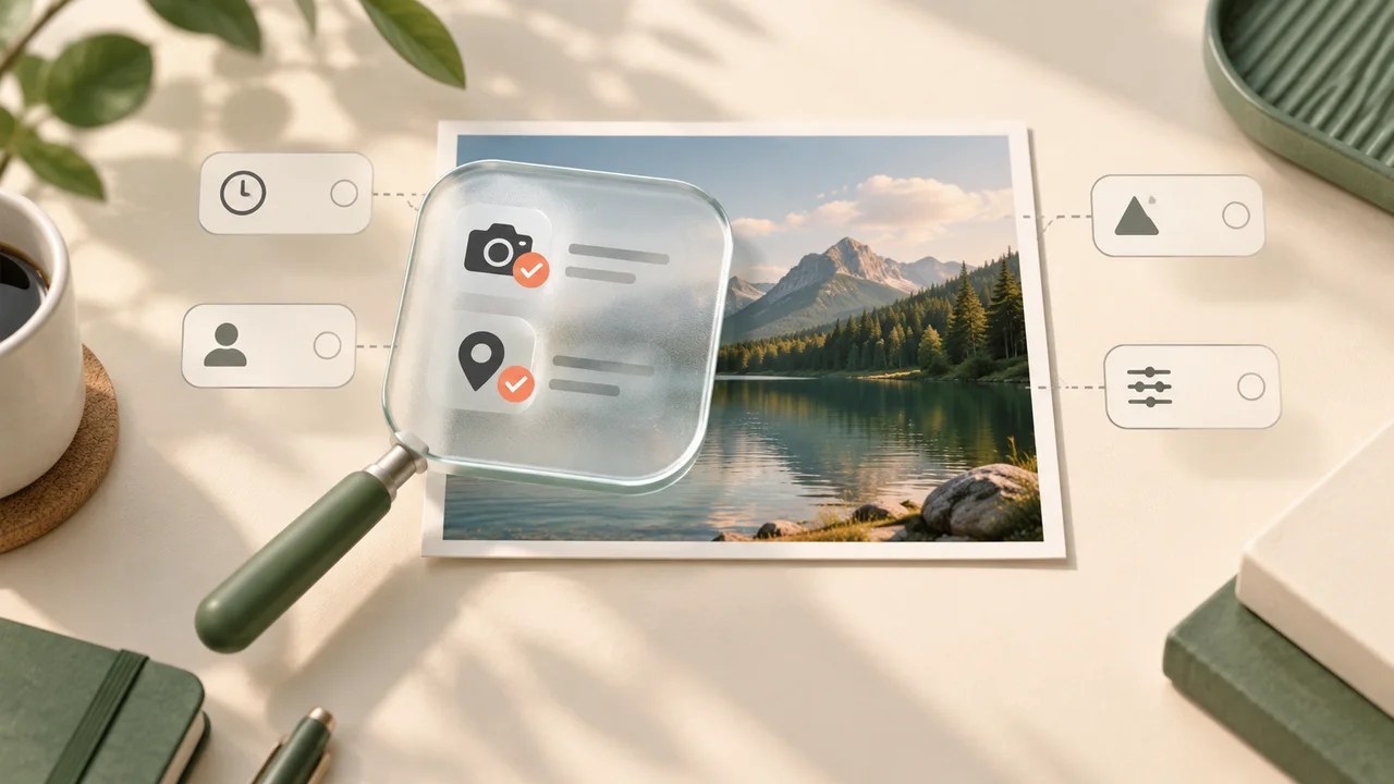 Illustration of a magnifier inspecting camera, time, author, and location metadata attached to a photo