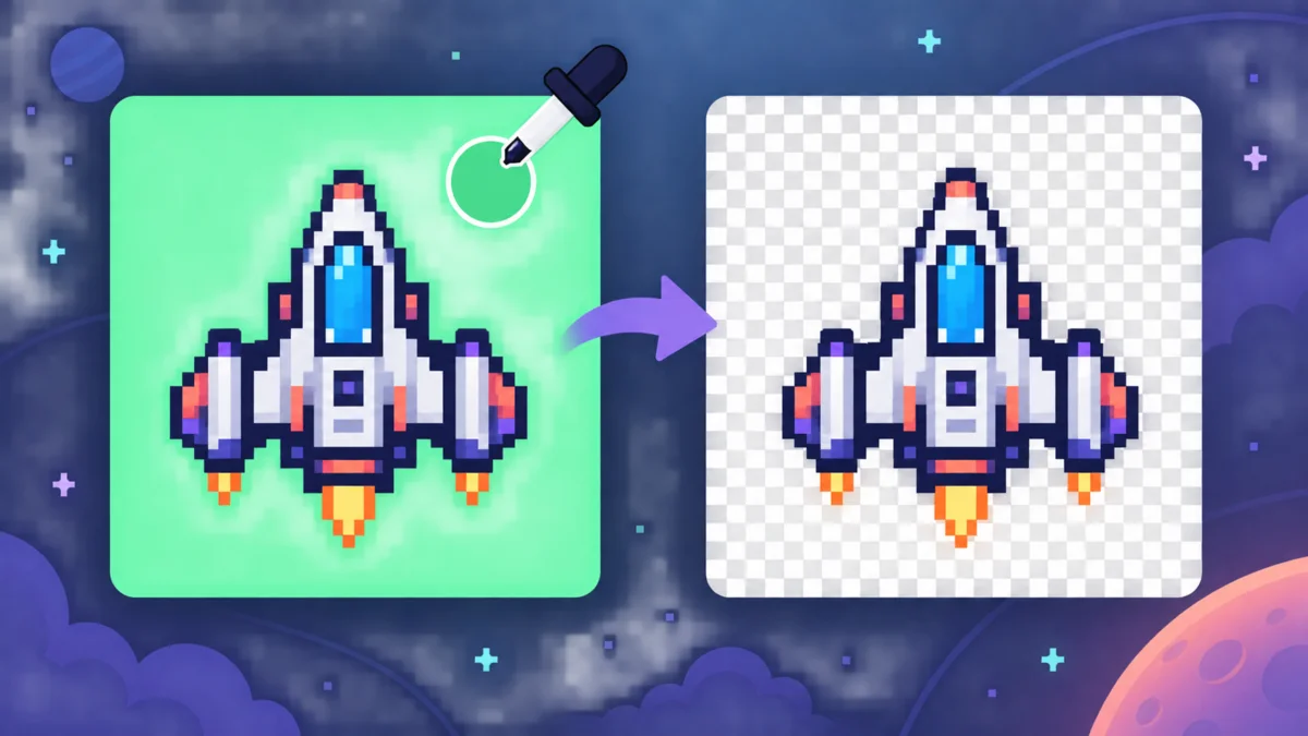 A pixel spaceship changing from a solid green background to a checkerboard transparent background