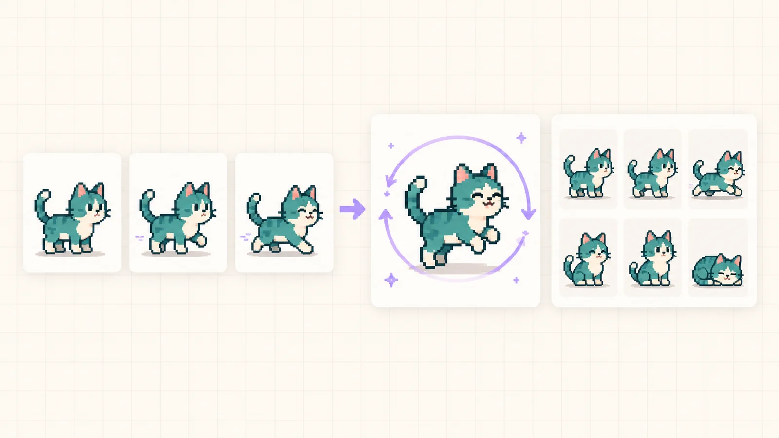 Illustrated pixel cat frames becoming a looping animation and a six-frame sprite sheet