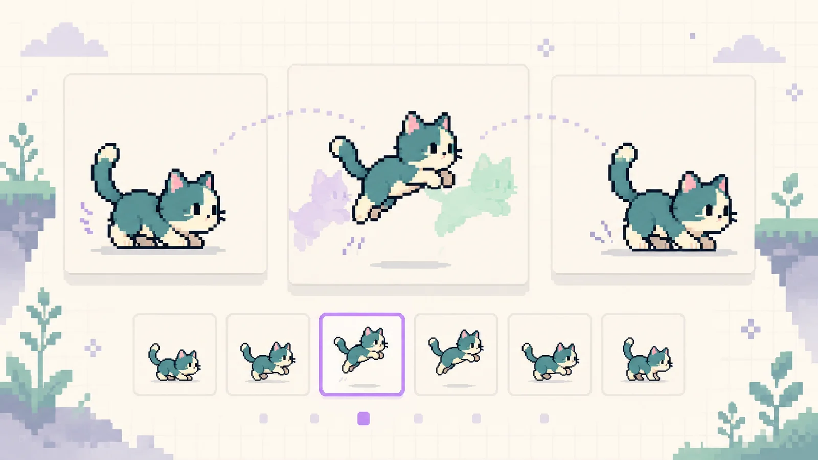 Illustrated pixel cat jumping through successive frames with translucent onion-skin references