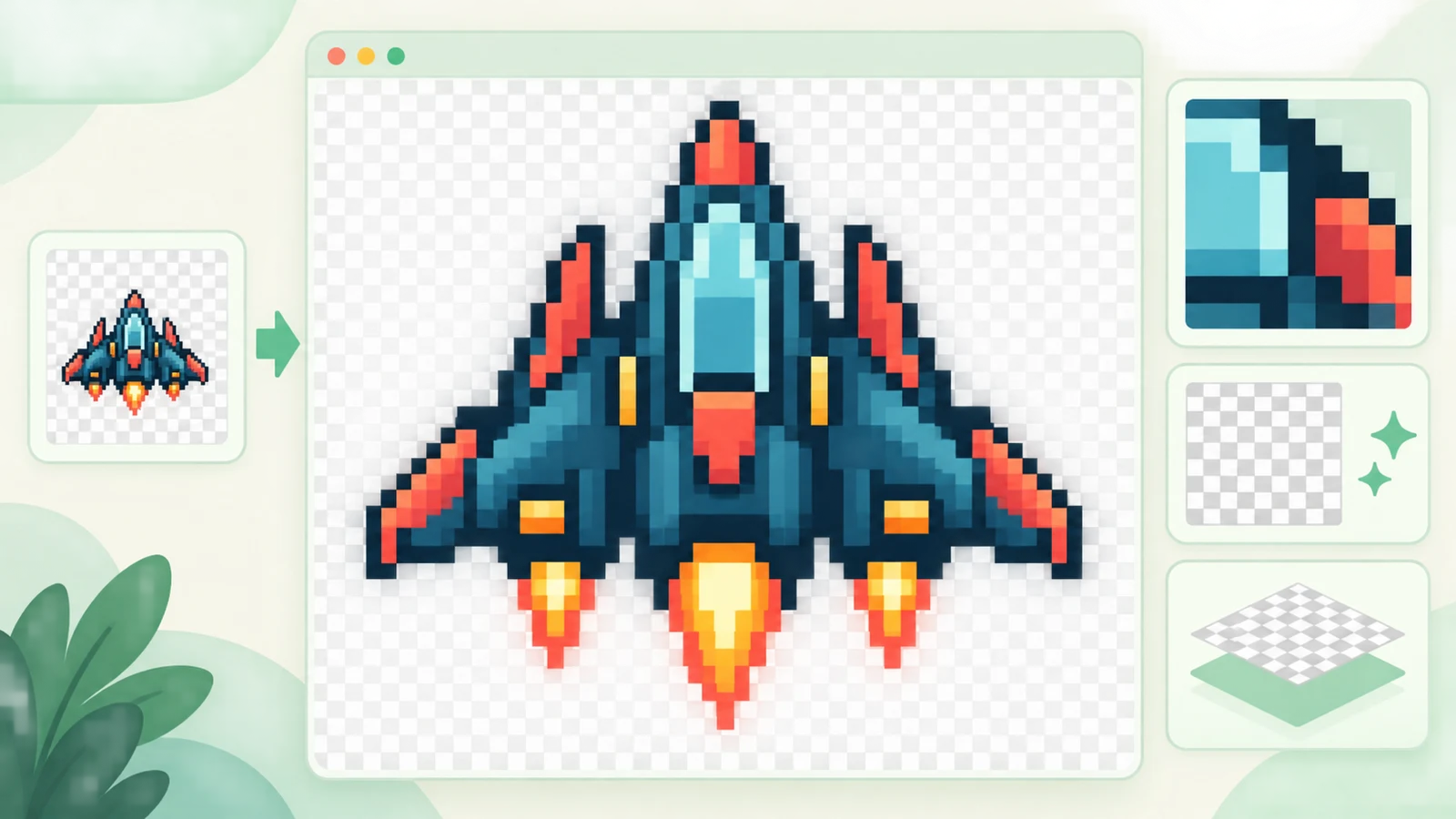 An enlarged spaceship sprite on a checkerboard that represents a transparent PNG background