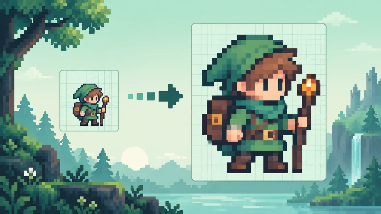 A small pixel art adventurer enlarged into the same crisp sprite with uniform square blocks
