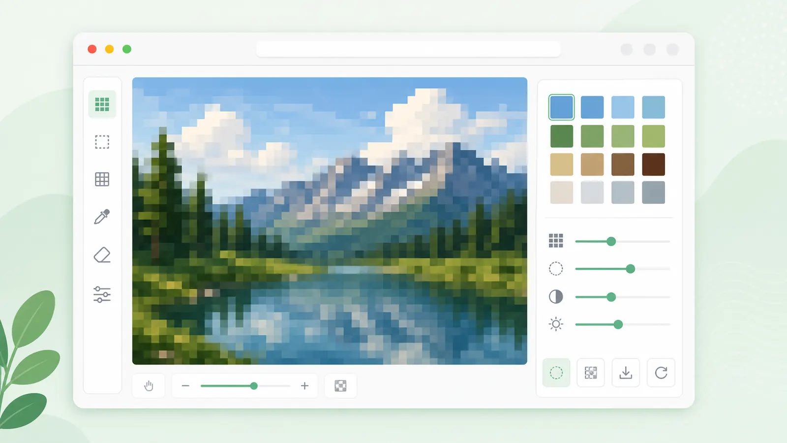 A browser editor showing a photo being pixelated into blocky color regions