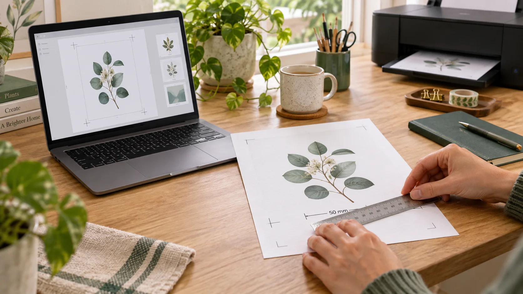 A printed botanical image being checked against a 50 millimeter calibration line with a metal ruler