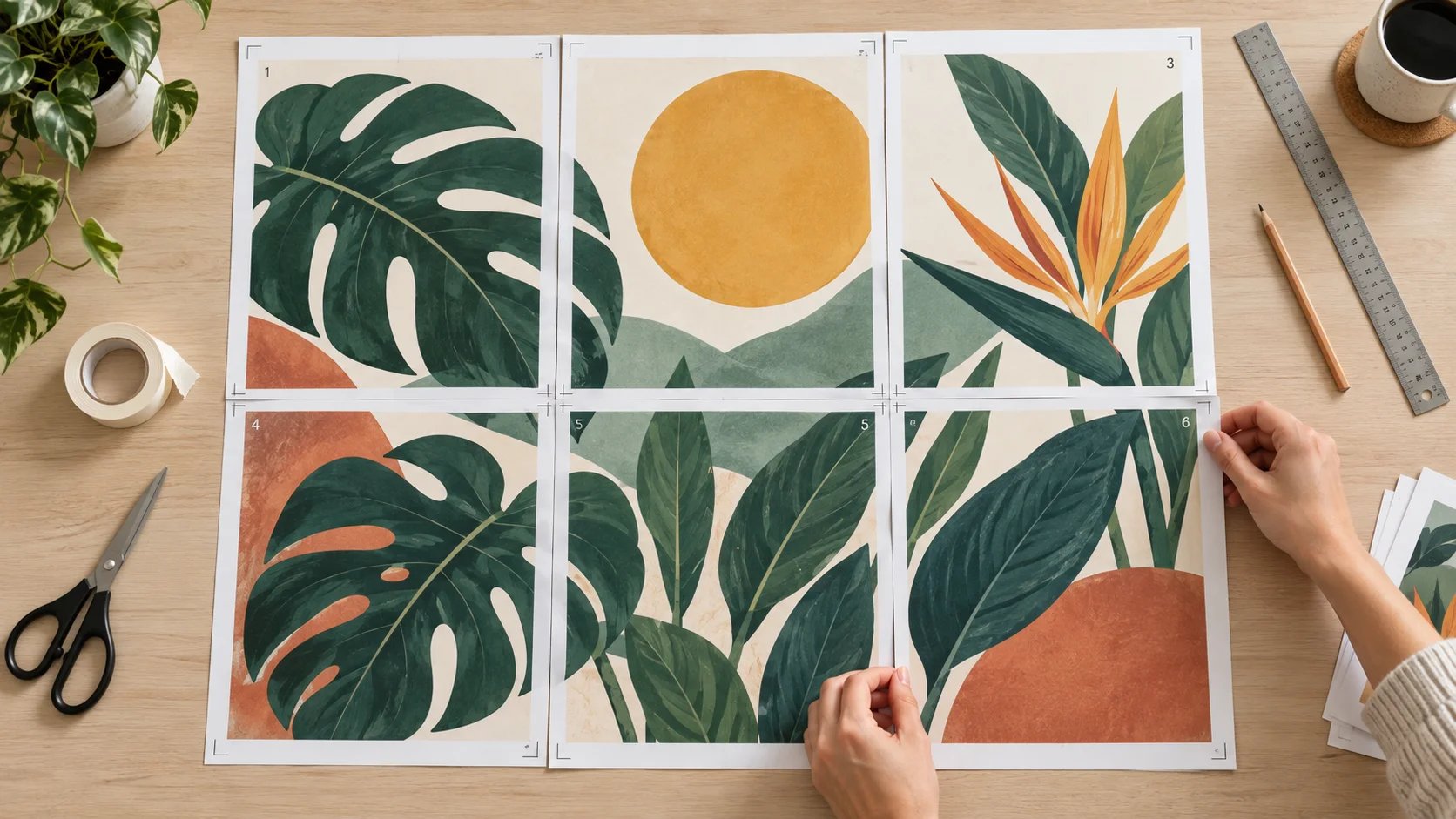 Six numbered paper tiles aligned to form one large botanical poster