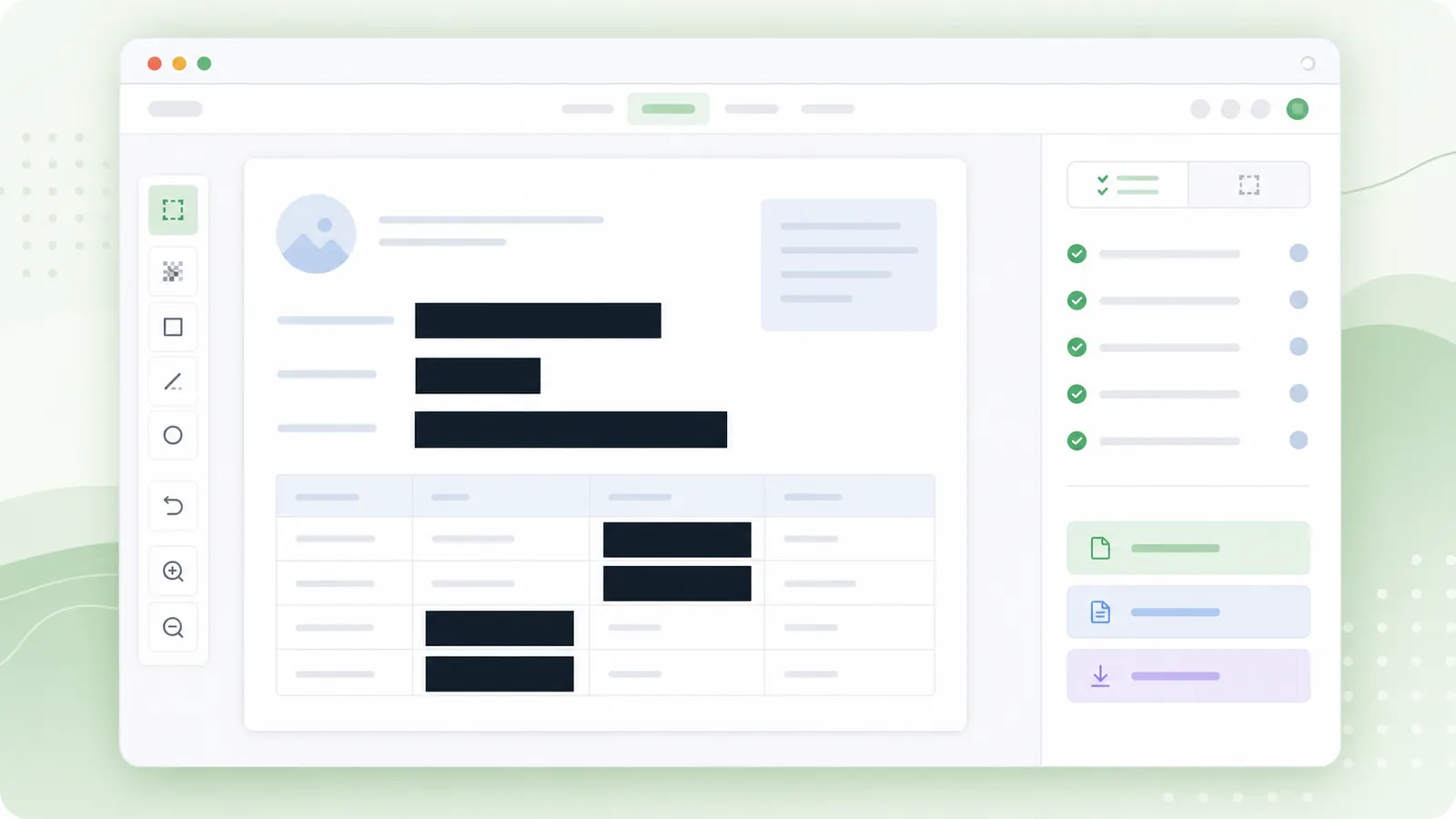 A screenshot editor with sensitive fields covered by solid redaction boxes