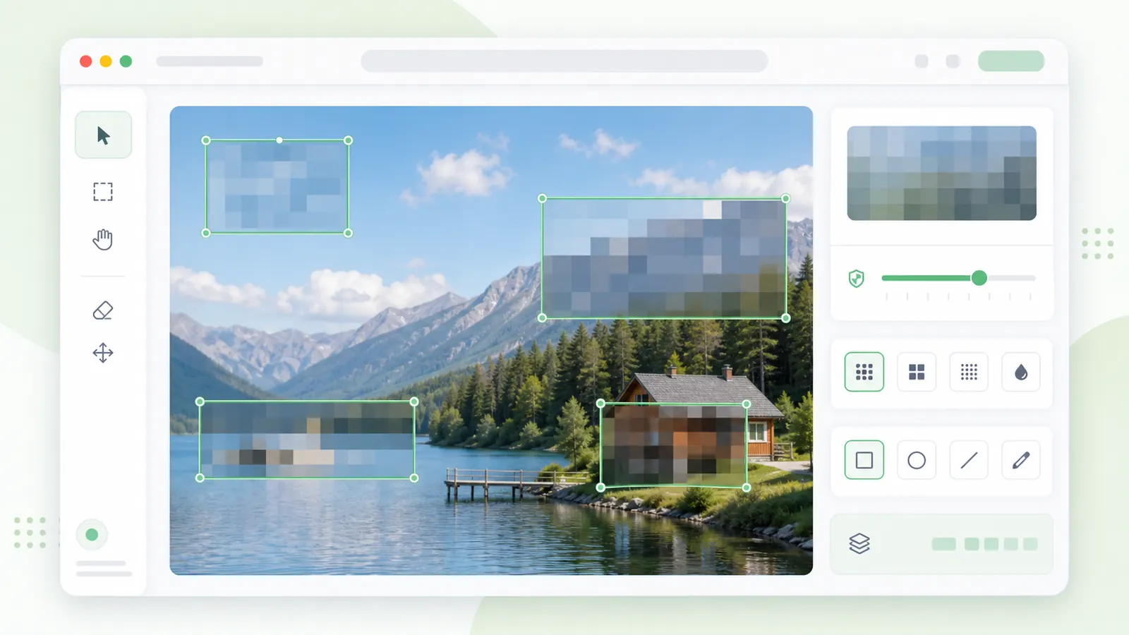An image editor showing multiple selected privacy regions