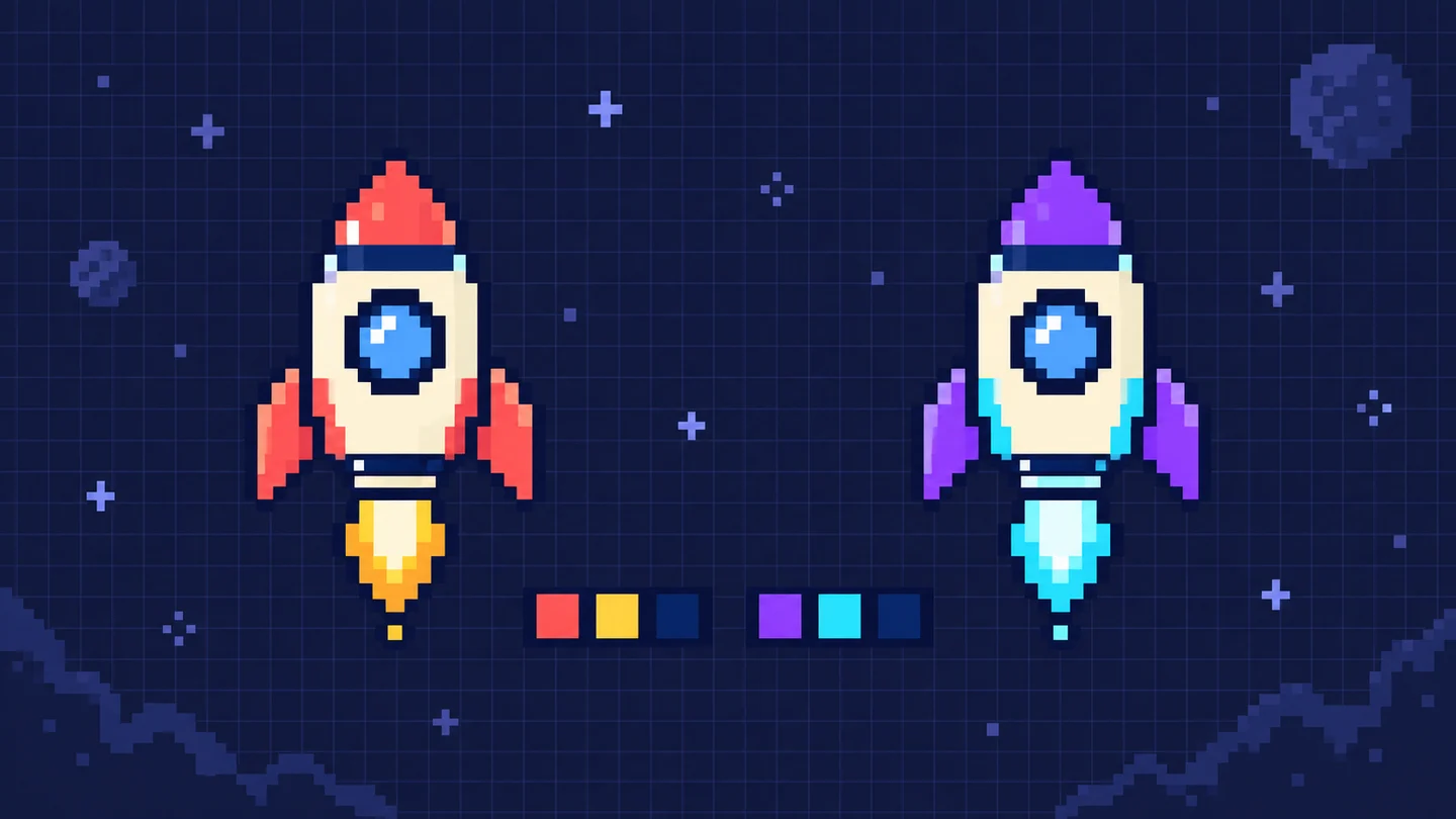 Two matching pixel-art rocket sprites using different red and violet palettes