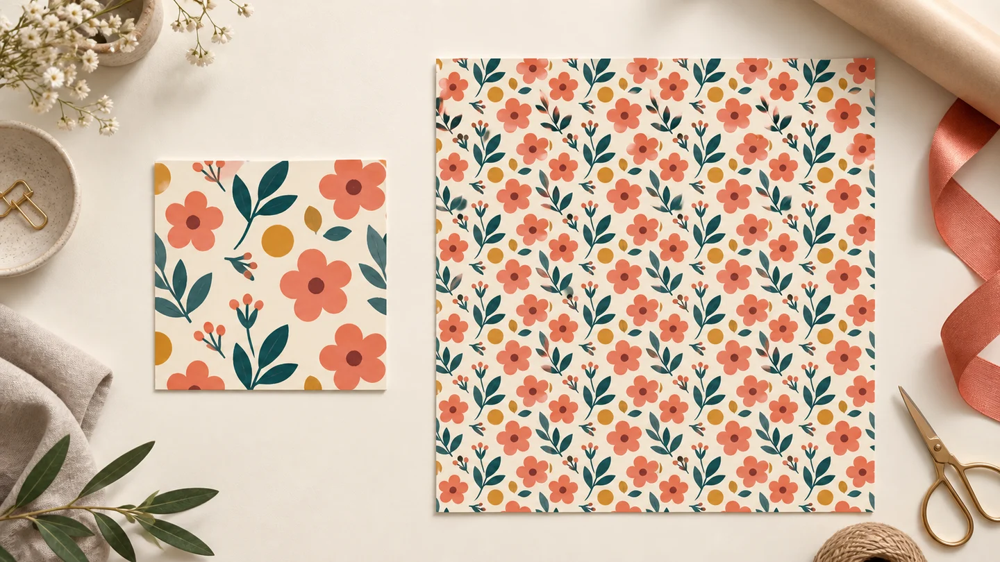 Concept illustration of a botanical pattern swatch next to a larger sheet of repeating wrapping paper