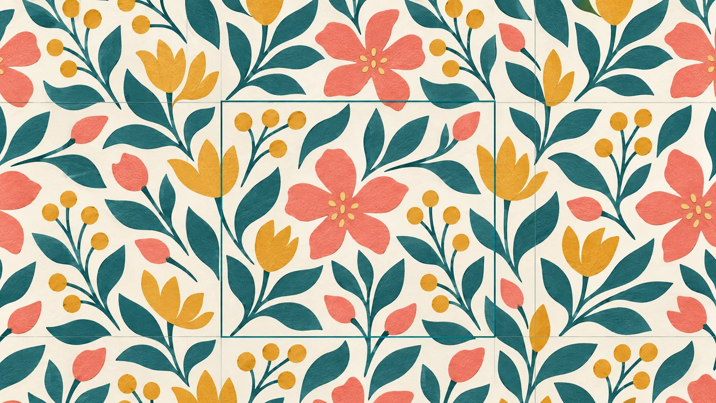 Concept illustration of botanical motifs continuing across an outlined tile into neighboring repeats