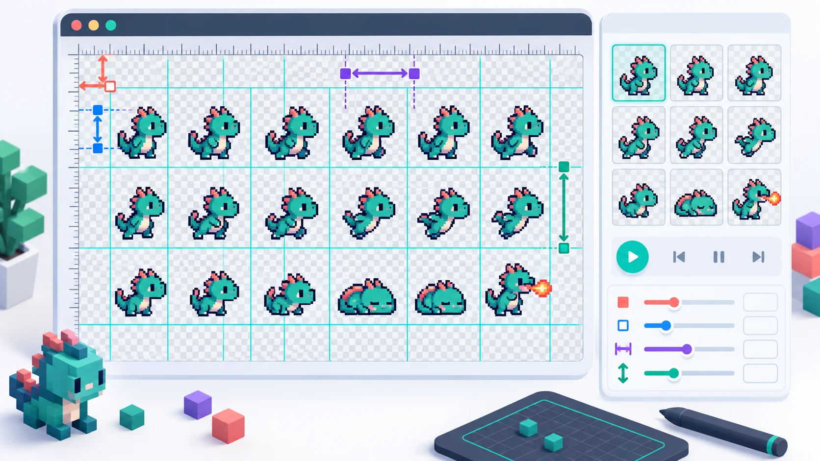 A regular pixel art sprite sheet with an aligned cutting grid, spacing arrows, and ordered thumbnails