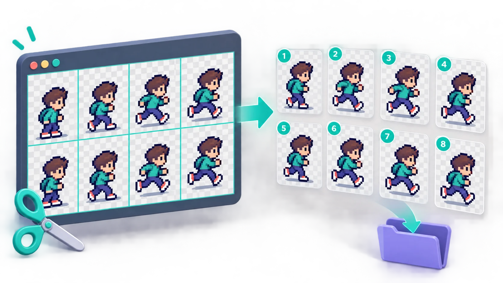 A pixel art sheet splitting into eight numbered PNG animation frames and a ZIP folder