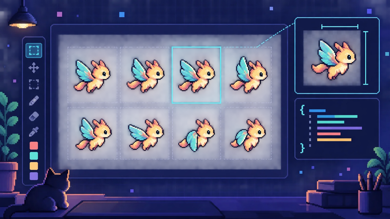 Pixel sprite sheet grid with one frame selected and coordinate metadata beside it