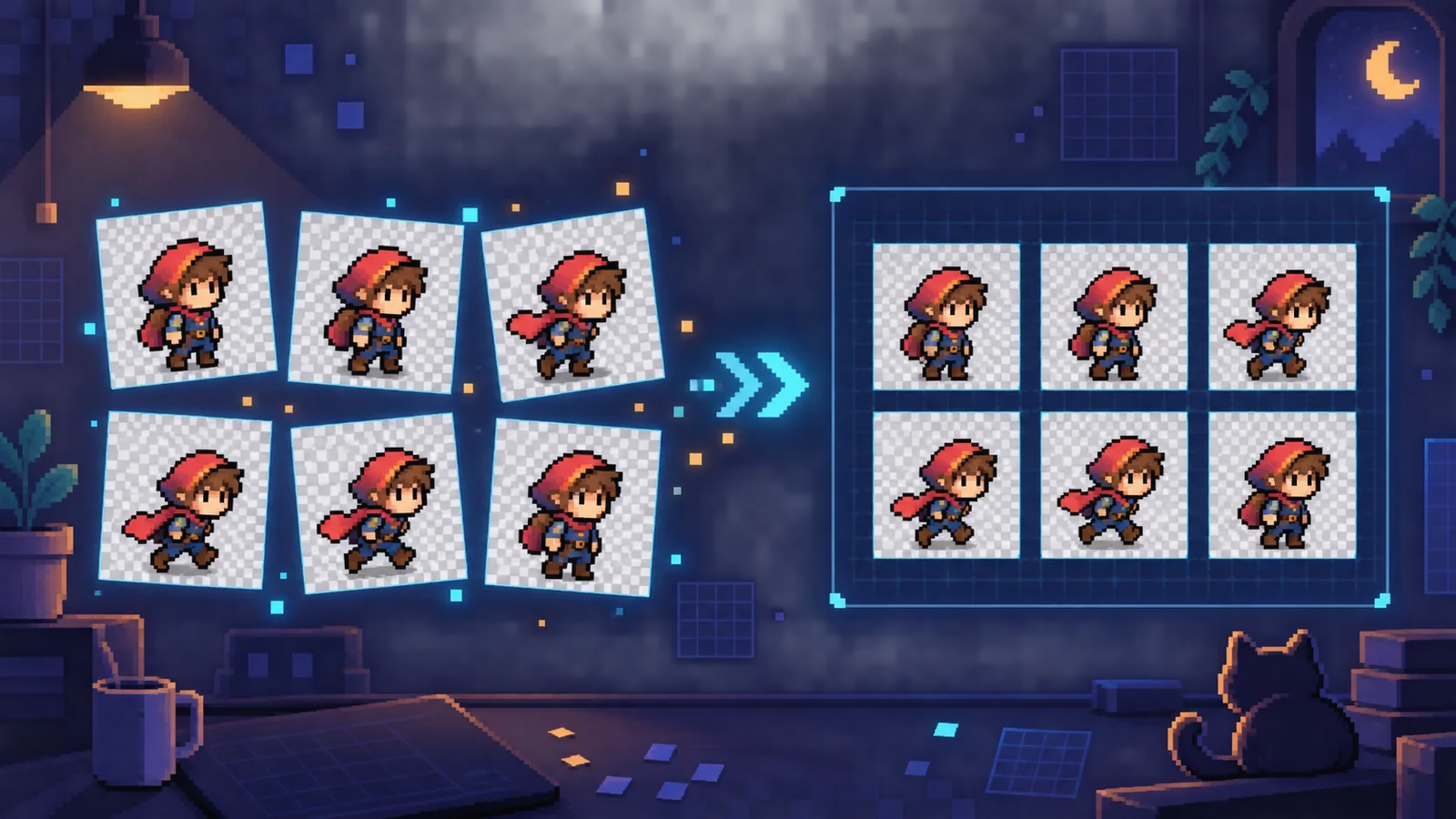 Separate pixel art animation frames becoming an evenly spaced sprite sheet grid