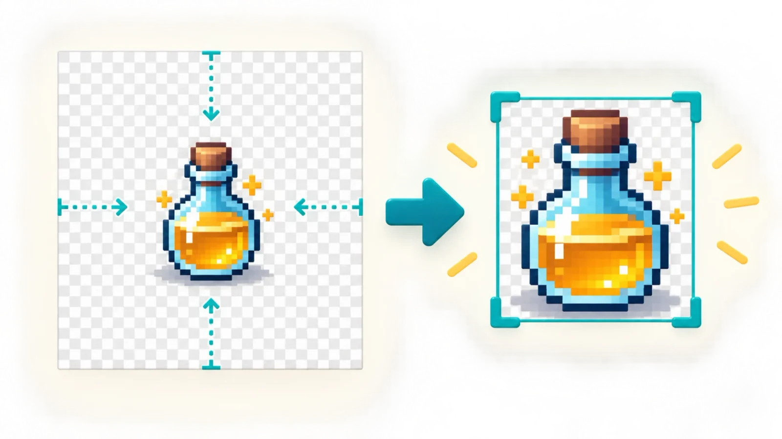 Pixel art potion moving from a large transparent canvas to a tight automatic crop