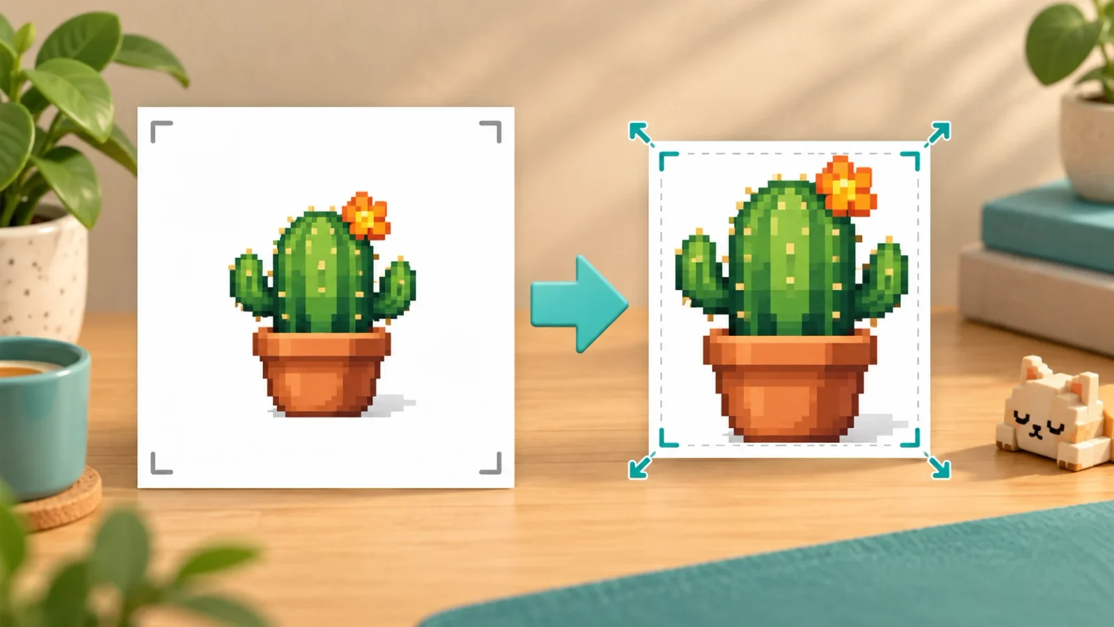 Pixel art cactus before and after removing a wide white border while preserving a small margin