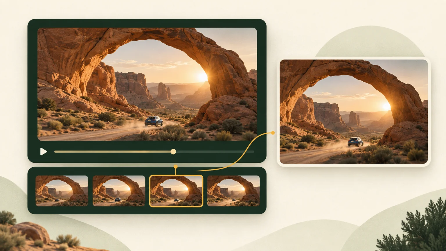 Illustration of selecting a desert road video moment and saving a separate image