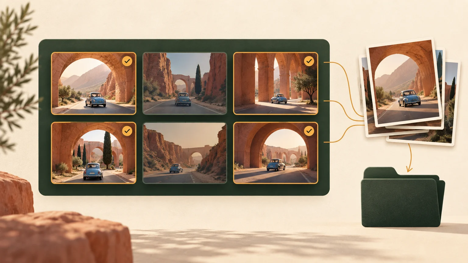 Illustration of selecting four video stills from six candidates for a batch export