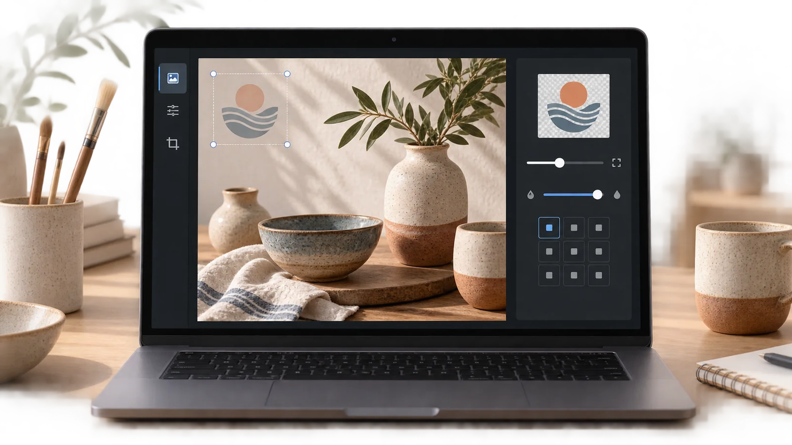 Browser editor positioning a transparent logo watermark over a ceramic product photo