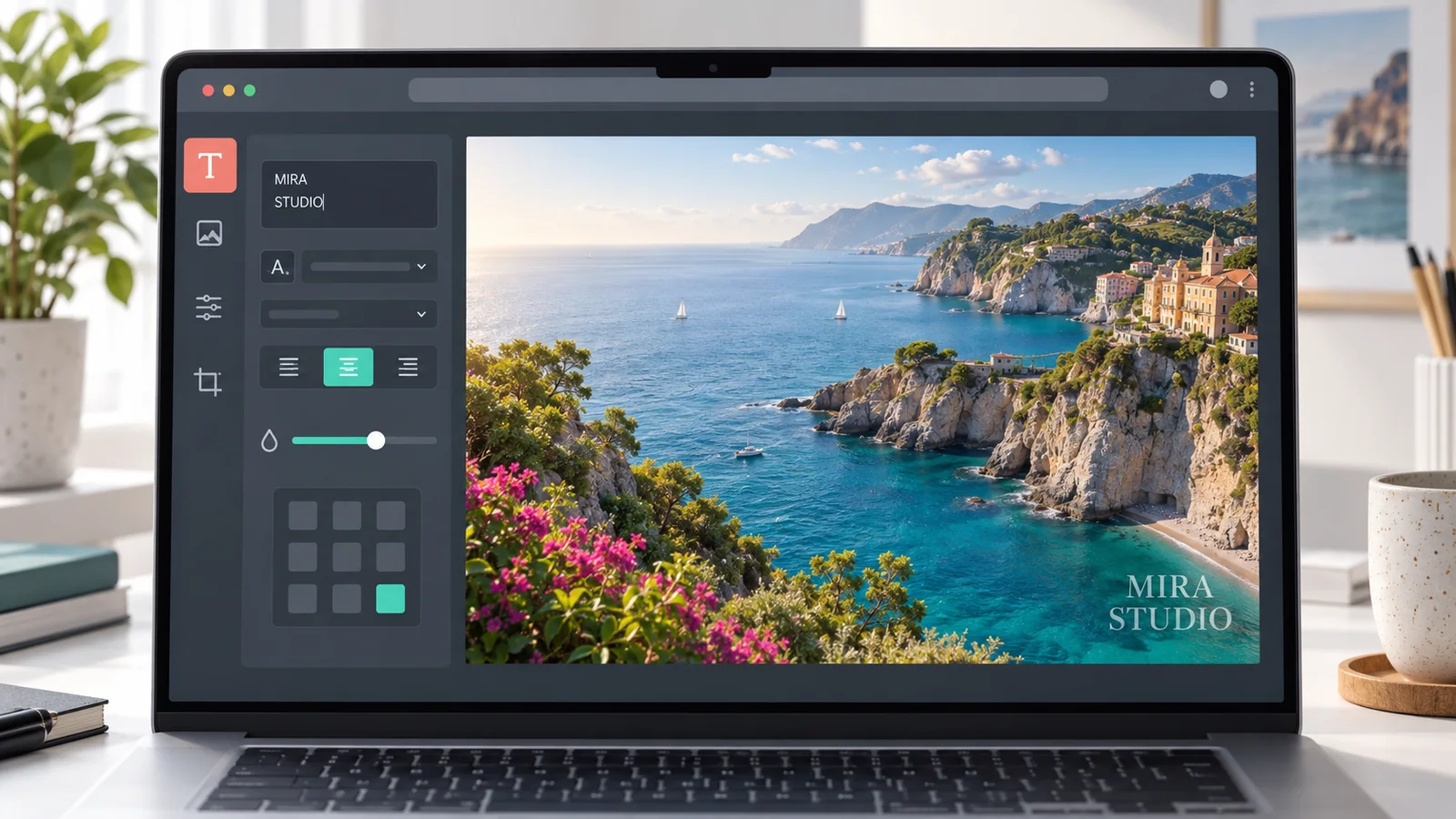 Browser editor adding a multiline text watermark to a coastal photograph